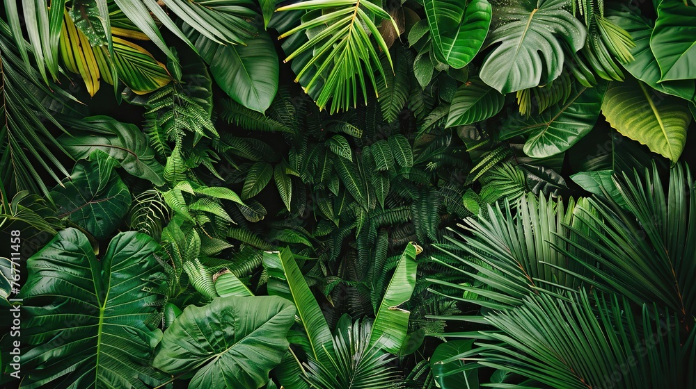 A lush green jungle with many different types of plants and trees. The image is full of life and energy, and it conveys a sense of adventure and exploration