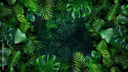 A lush green jungle with a large leafy green plant in the center. The jungle is full of green leaves and plants  creating a vibrant and lively atmosphere