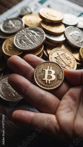 Bitcoin in Hand, Blurred Coins on Table, Digital Currency