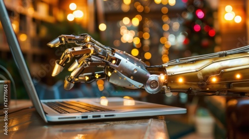 A robotic hand firmly grasping a laptop keyboard in a room photo