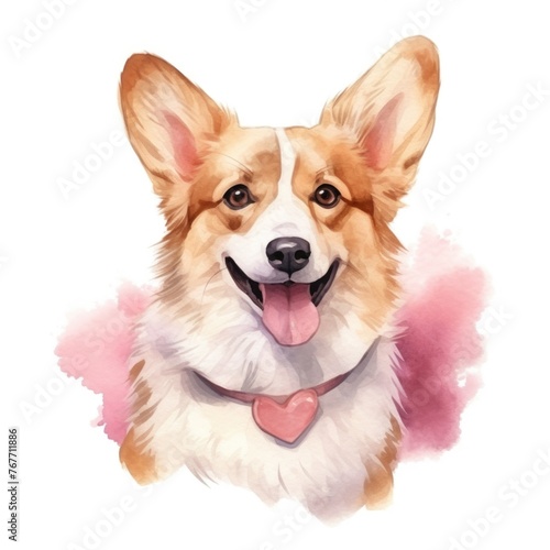 Pembroke welsh corgi dog in collar with pink heart watercolor illustration. Cute pet, animal painting