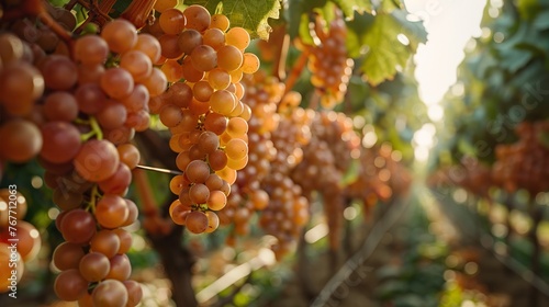A bunch of grapes hanging from a vine. The grapes are ripe and ready to be picked