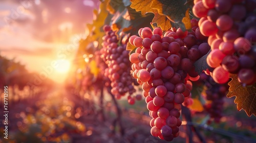 A bunch of grapes hanging from a vine with the sun setting in the background. The grapes are ripe and ready to be picked