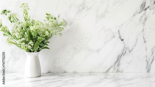 Fototapeta Naklejka Na Ścianę i Meble -  A white vase with green flowers sits on a marble countertop. The marble countertop is clean and uncluttered, creating a simple and elegant atmosphere