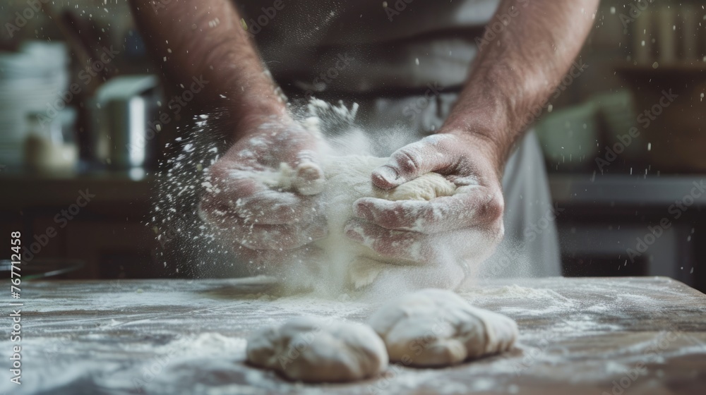 A persons hands kneading dough on top of a floured wooden table