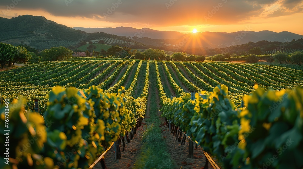 A vineyard with rows of green vines and a sun setting in the background. The sun is shining brightly on the vines, creating a warm and inviting atmosphere
