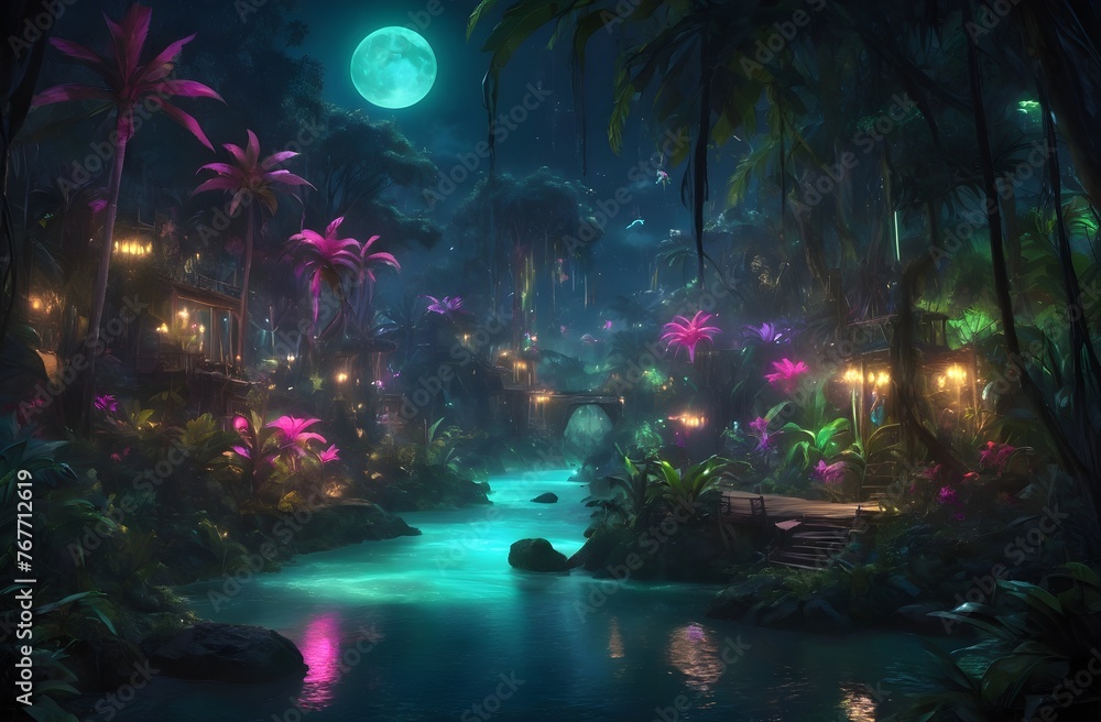 magical fantasy jungle in riverside, neon, glow, sparkling, night