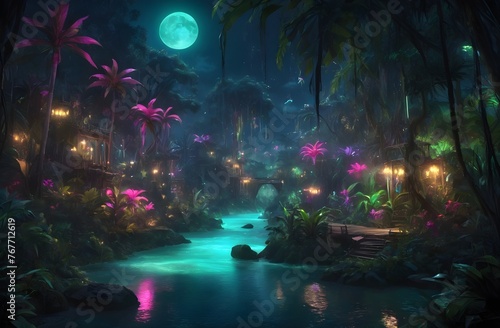 magical fantasy jungle in riverside  neon  glow  sparkling  night