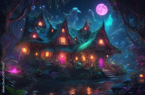 magical fantasy jungle in riverside and witch's house, neon, glow, sparkling, night