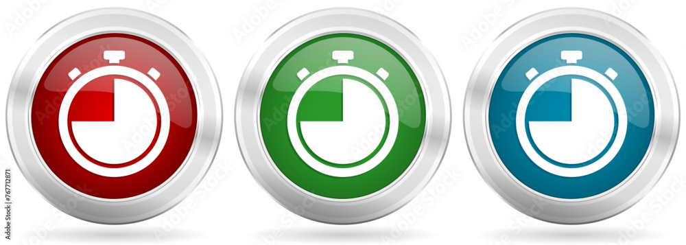Clock, watch, stopwatch vector icon set. Red, blue and green silver metallic web buttons with chrome border Clock, watch, stopwatch vector icon set. Red, blue and green silver metallic web buttons with chrome border