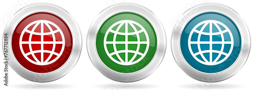 World, globe vector icon set. Red, blue and green silver metallic web buttons with chrome border