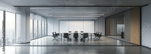 Modern Conference Room with Spacious and Bright Corporate Meeting Space Featuring Biophilic Design Elements and Panoramic Glass Walls