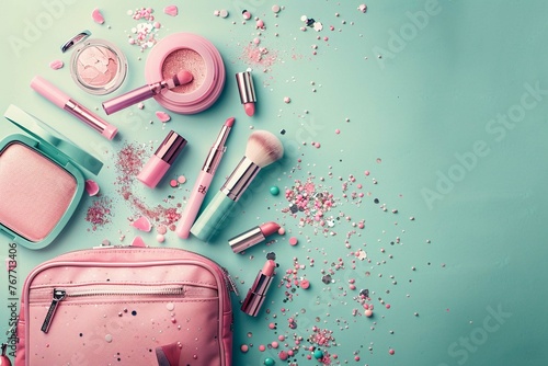 Pink makeup bag with cosmetic beauty products © Anns