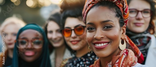A group of women are smiling for the camera. One woman is wearing a scarf and glasses. The women are all dressed in different styles and colors