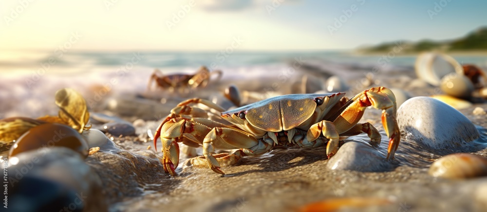 A crab is walking on the beach, with the water and sand reflecting its image - obrazy, fototapety, plakaty 