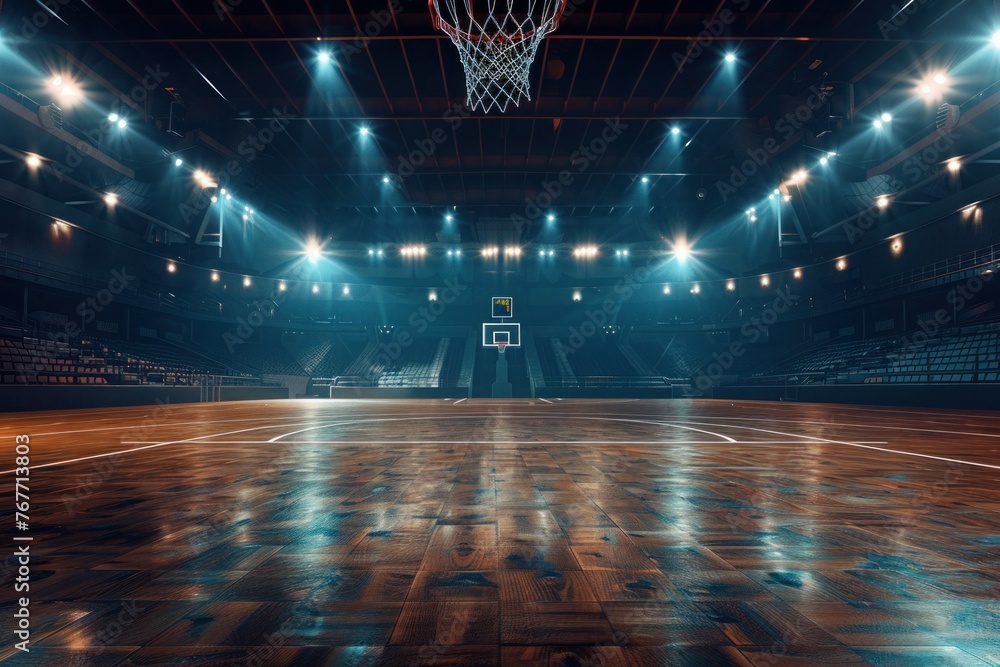 Empty basketball arena stadium sports ground with flashlights and fan sits - obrazy, fototapety, plakaty 