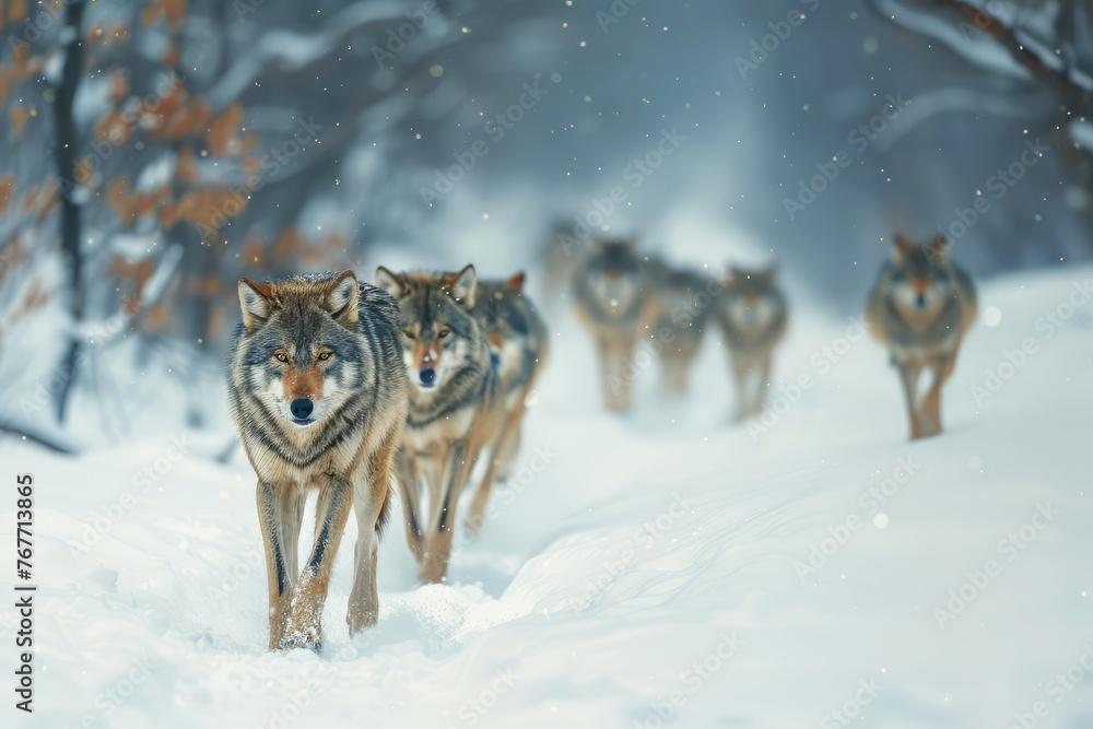 Naklejka premium Wolf pack in snow with the alpha leading the way, exemplifying wildlife hierarchy