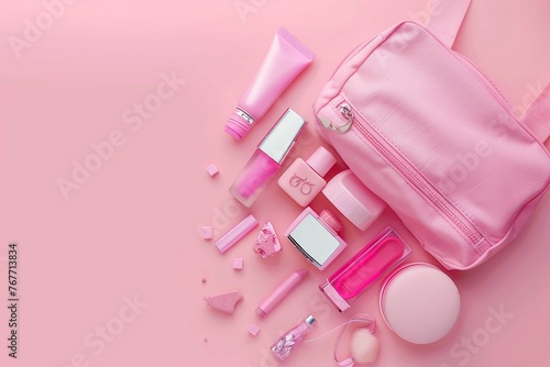 Pink makeup bag with cosmetic beauty products © Anns