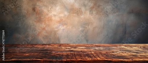 A wooden table with a wall behind it. The wall is painted in a light brown color