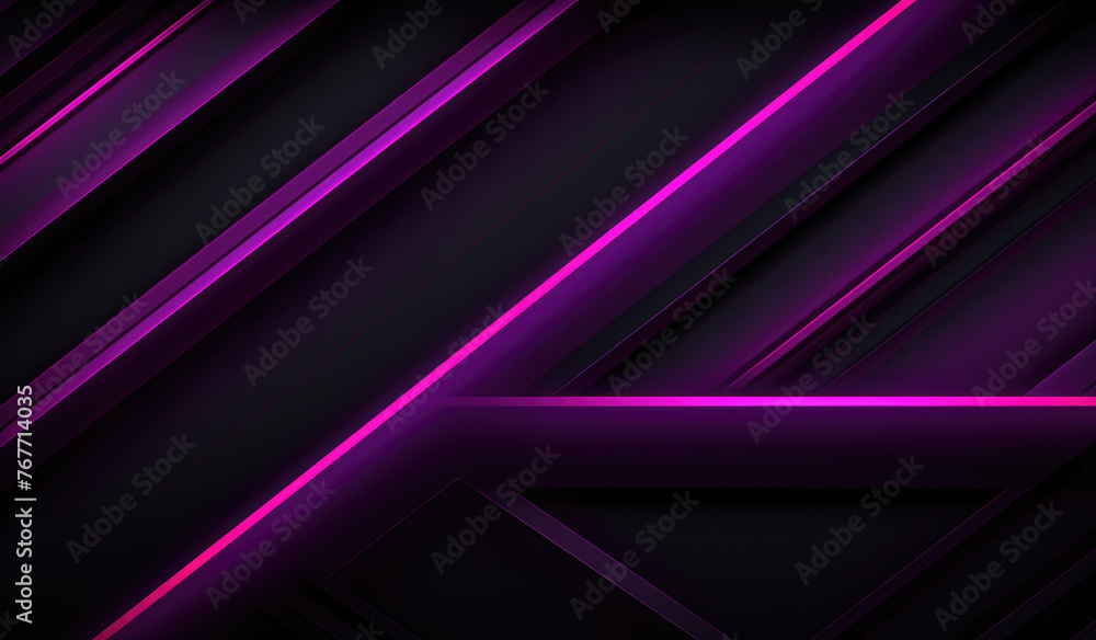 Purple colored horizontal and diagonal neon stripes with rainbow border on dark black background, in the style of dark pink and dark black, geometric line, monochromatic shadows, dense composition