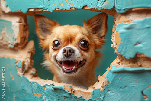Cheeky Chihuahua poking its head through a hole, bright eyes shining with mischief