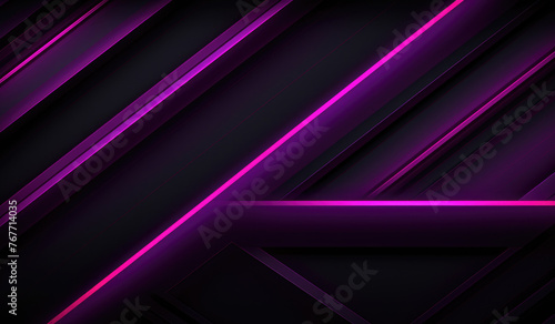 Purple colored horizontal and diagonal neon stripes with rainbow border on dark black background, in the style of dark pink and dark black, geometric line, monochromatic shadows, dense composition