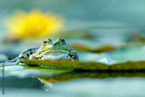 Green Frog Perched Calmly on Lily Pad with Reflective Water in a Serene Pond Setting
