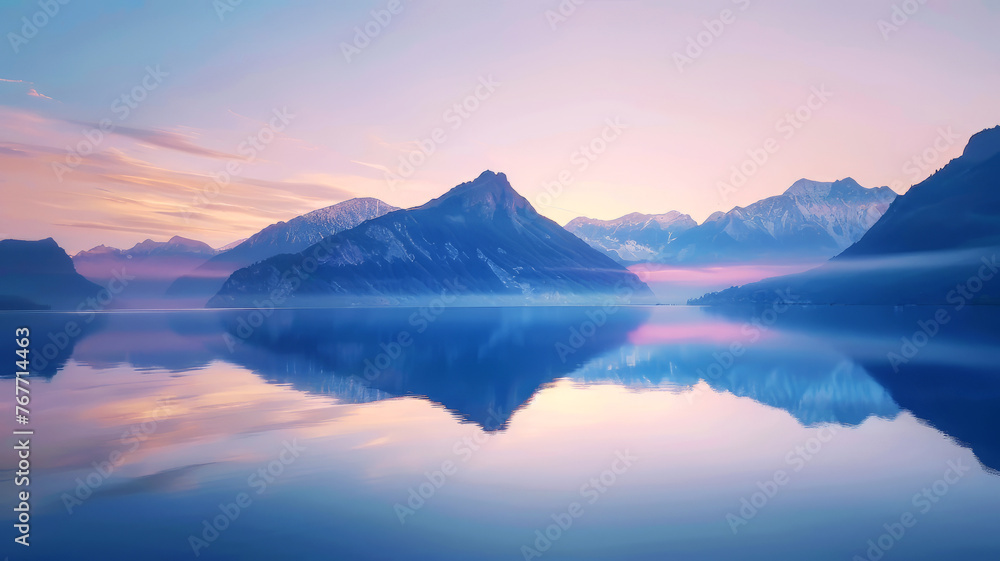 Tranquil Lake Reflecting a Mountain Range at Dawn, Perfect Mirror Image in Calm Waters