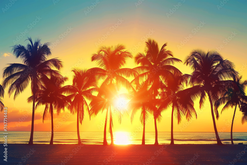 Sunset silhouette of palm trees against a vibrant twilight sky on the beach