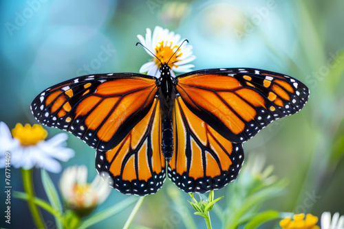 Vibrant Monarch Butterfly Perched on Pink Wildflowers Against a Soft Bokeh Background