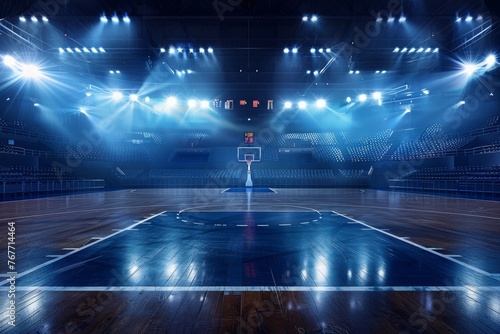 Empty basketball arena stadium sports ground with flashlights and fan sits photo