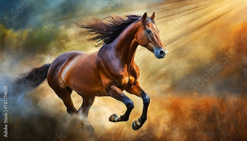 horse in the desert.a realistic animal poster wall art featuring a detailed depiction of a galloping horse, capturing the strength and dynamism of its movement. Pay attention to anatomy and muscle def photo