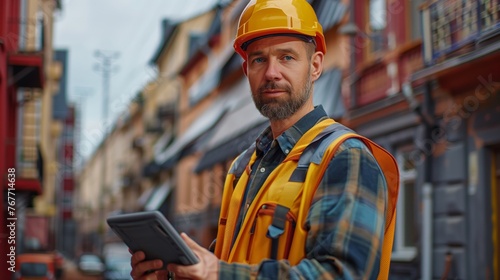 An engineer in workwear holding a tablet, wearing a hard hat and safety vest © orientka