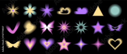 Set y2k aura. Blurred heart, butterfly and stars with aura in trendy style y2k.