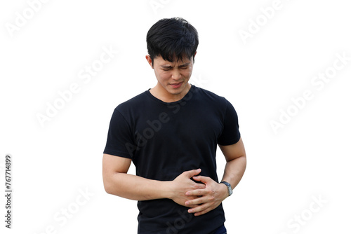 close up adult asian man hand massage on stomach after got pain feeling isolated on white background for healthy and lifestyle and for png design concept