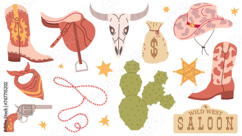 Wild west set, Flat design set with cowboy hat boots handgun cactus lasso saloon signboard cow skull saddle money