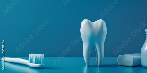 Oral hygiene. Toothbrush, paste and model of tooth. Dental clinic creative background, dentist office website graphic. Teeth hygiene, dental equipment and dentistry banner.