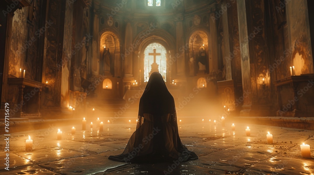 A hooded man kneels in a candlelit church, creating an atmospheric phenomenon