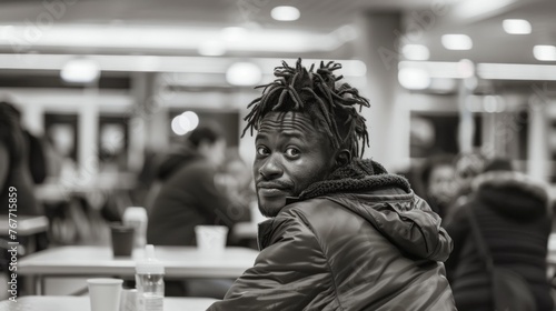 A black homeless man seated at a table in a neutral setting photo