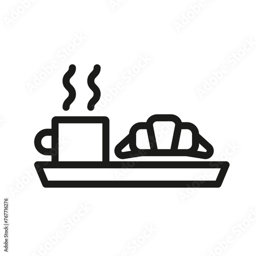 Breakfast icon with hot drink, croissant for web, mobile, promo, for accommodation, hospitality, food. Single outline, vector illustration.