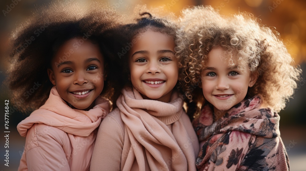 Smiling diverse girls of different skin colors, multiethnic friends looking at camera Smiling diverse girls of different skin colors, multiethnic friends looking at camera