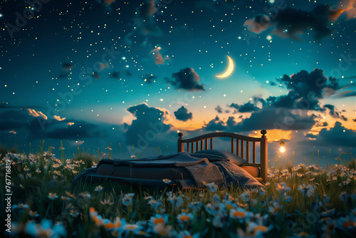 comfortable luxurious bed in the middle of green meadow at night with crescent moon and stars