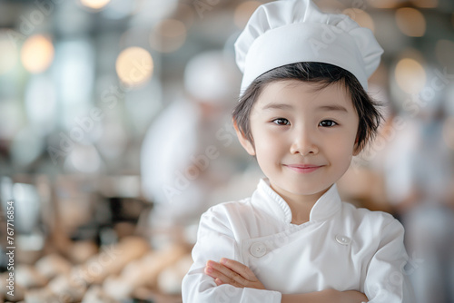 An Asian boy kid master chef wearing a white chef's hat stands confidently, crossing his arms in front of him.