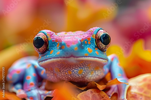 a close up of a blue and pink frog with a big eyeball on it s face  with a blurry background of yellow and pink and orange flowers.