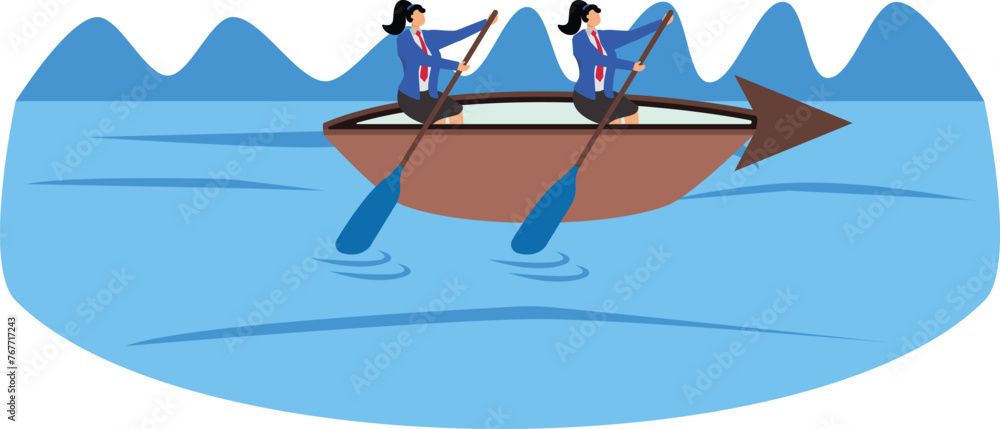 Fototapeta premium Exploring the way forward, finding goals for business or career development, charting a course forward, businesswomen standing in an arrow boat paddling forward