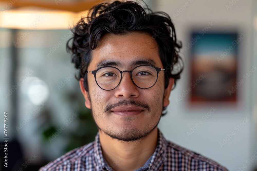 A man with glasses and a beard is smiling. He is wearing a grey shirt. The image has a casual and friendly mood. portrait of an employee, mexican, medium close up, in a conferencing A man with glasses and a beard is smiling. He is wearing a grey shirt. The image has a casual and friendly mood. portrait of an employee, mexican, medium close up, in a conferencing