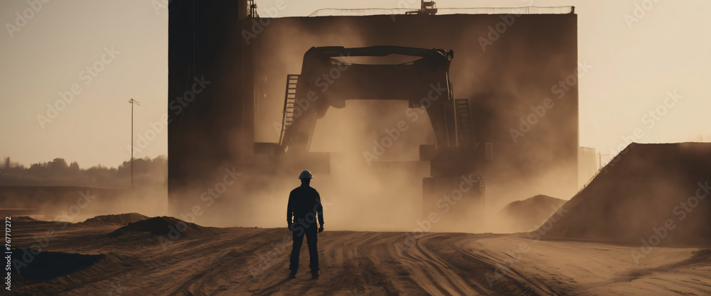 A silhouette of a person standing in front of a Excavator Loading Sand In Industrial Truck - obrazy, fototapety, plakaty 