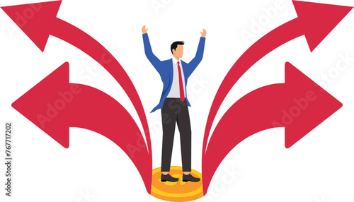 Development and Growth, Favorable Advantage, Investing in Profit or Revenue Growth, Improving and Enhancing Marketing Performance, Training or Skills Upgrading, Businessman Standing Between Four Upwar