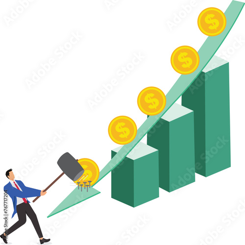 Mitigating shock or damage, stopping further loss or deterioration, enforcing rescue measures, monetary policy to solve economic and monetary problems, merchants with hammers nailing nails in falling 