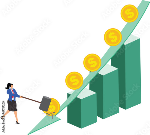 Mitigating shock or damage, stopping further loss or deterioration, enforcing rescue measures, monetary policy to solve economic and monetary problems, merchants with hammers nailing nails in falling 
